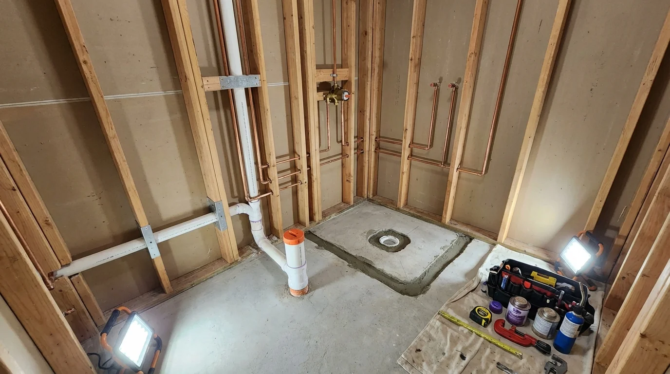 Bathroom rough-in plumbing during remodel by Johns Plumbing LLC in Fort Valley