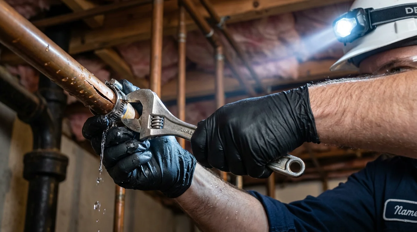 Emergency pipe clamp repair being performed by a Johns Plumbing LLC plumber in Fort Valley