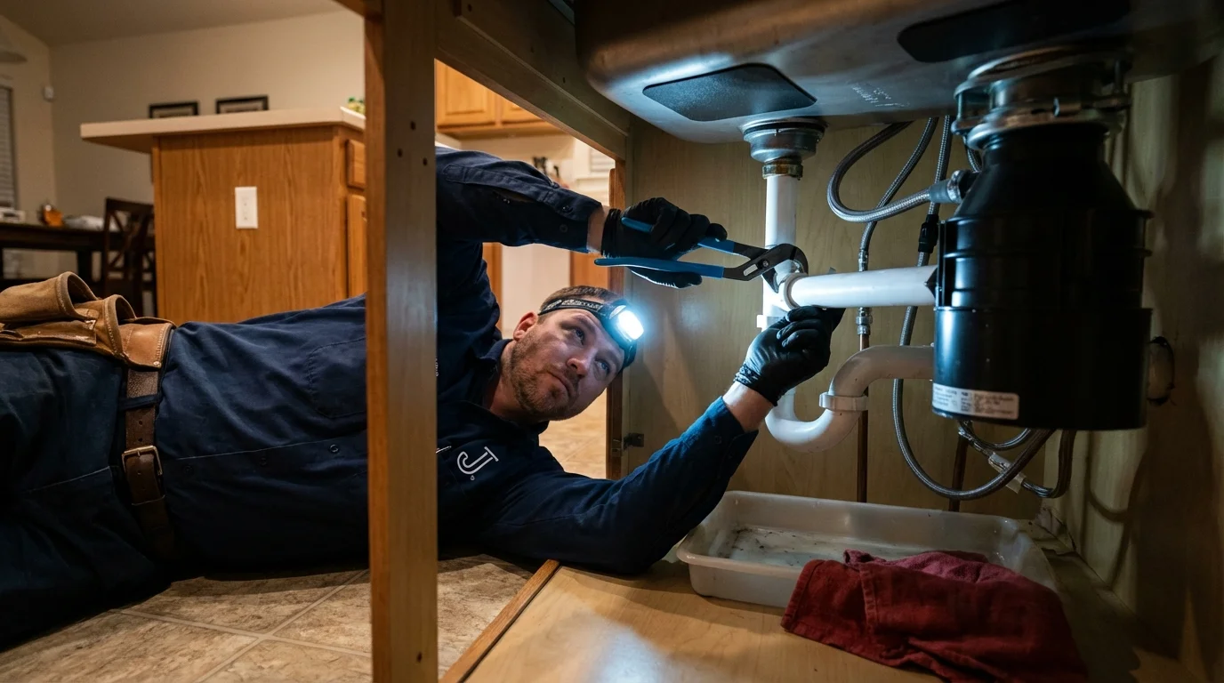 P-trap and supply line connections under a kitchen sink showing a common leak point in Fort Valley, GA